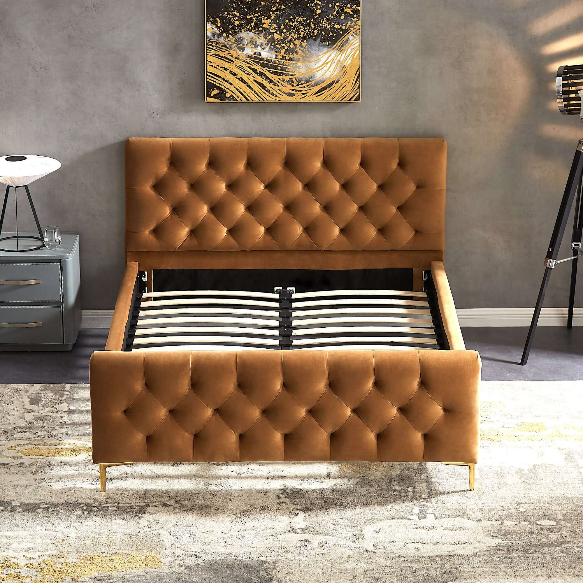 Bailey Velvet Upholstered Platform Bed Queen / Cognac