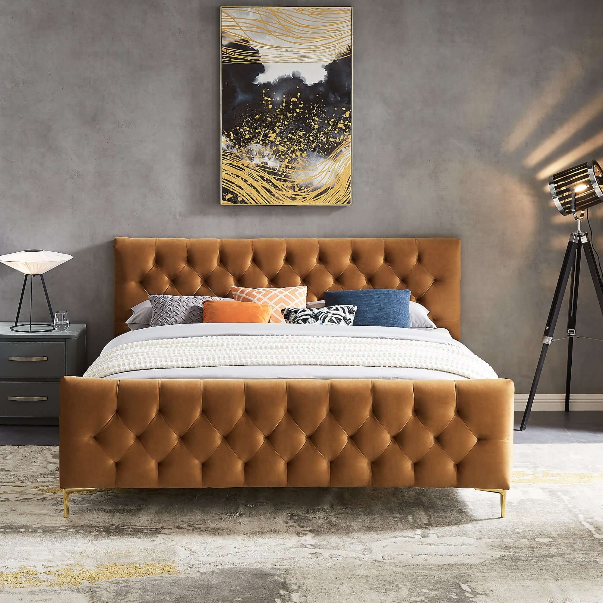 Bailey Velvet Upholstered Platform Bed Queen / Cognac