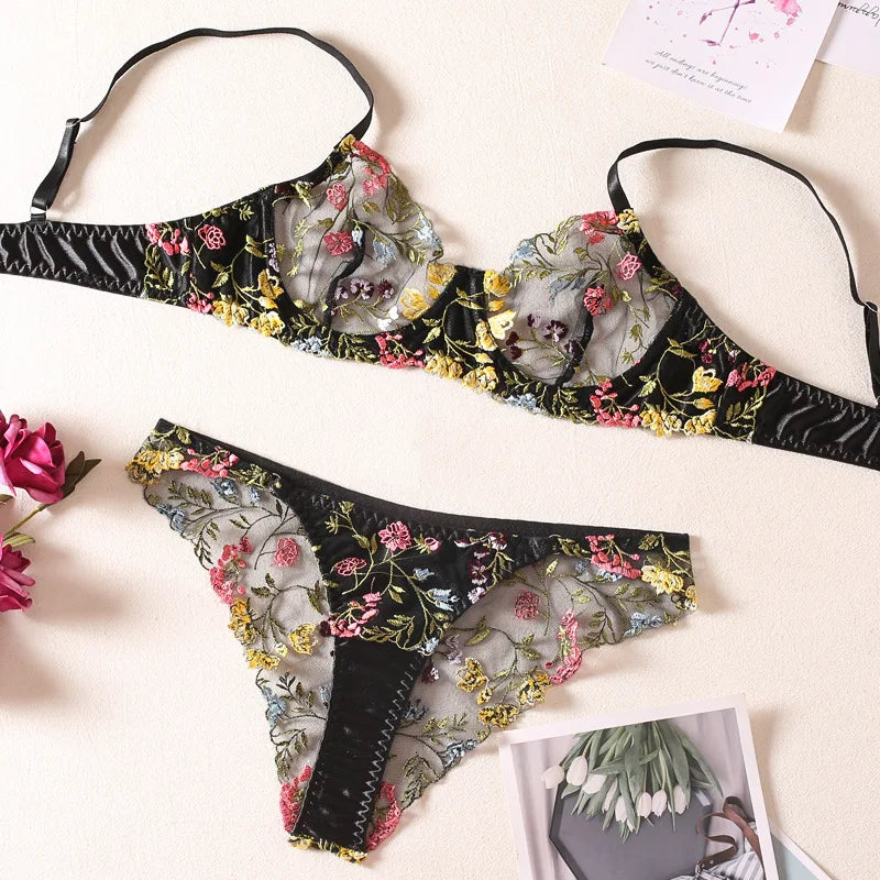 Sexy Lace Flower Embroidery Lingerie Set
