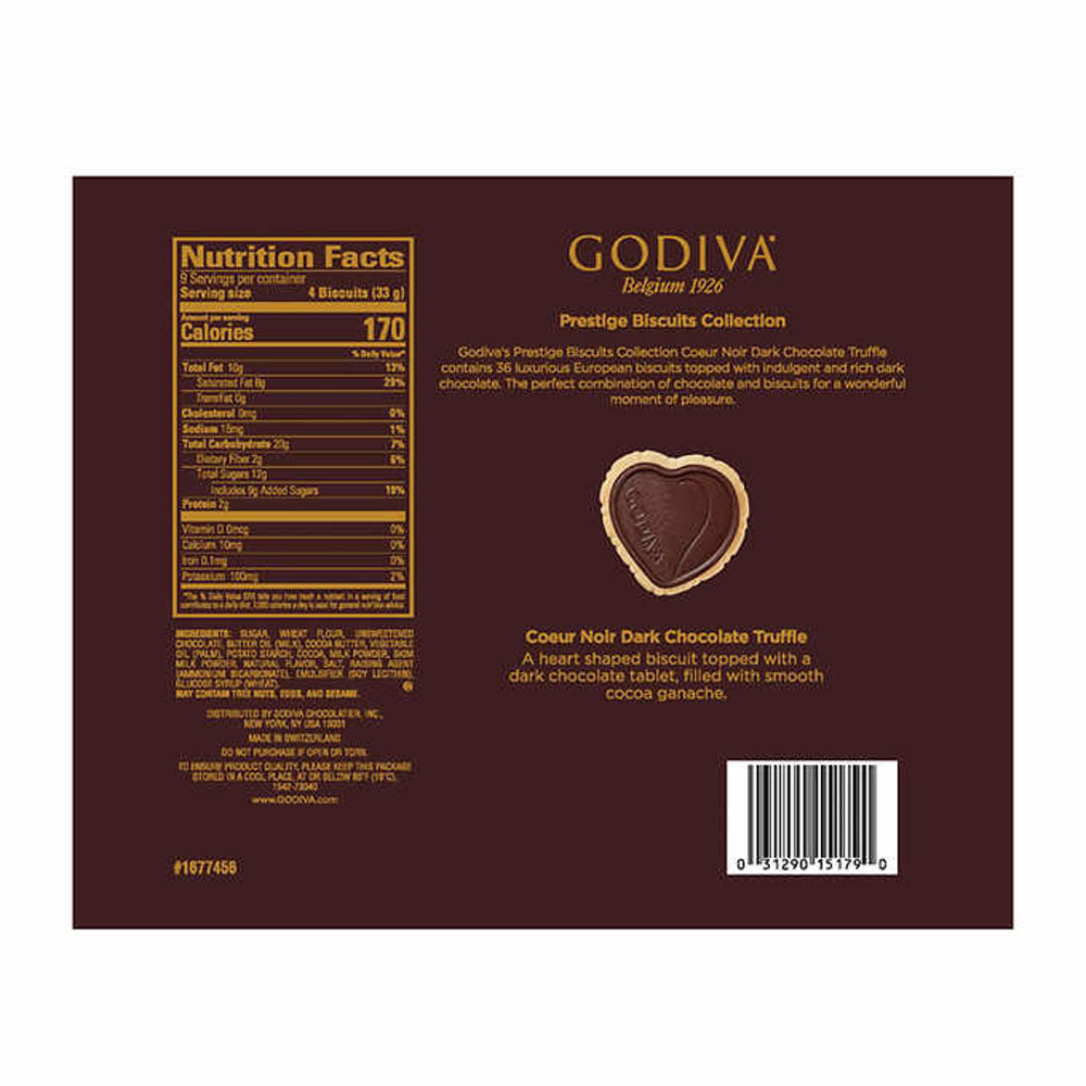 Godiva Heart Shaped Dark Chocolate Biscuits, 36 Piece