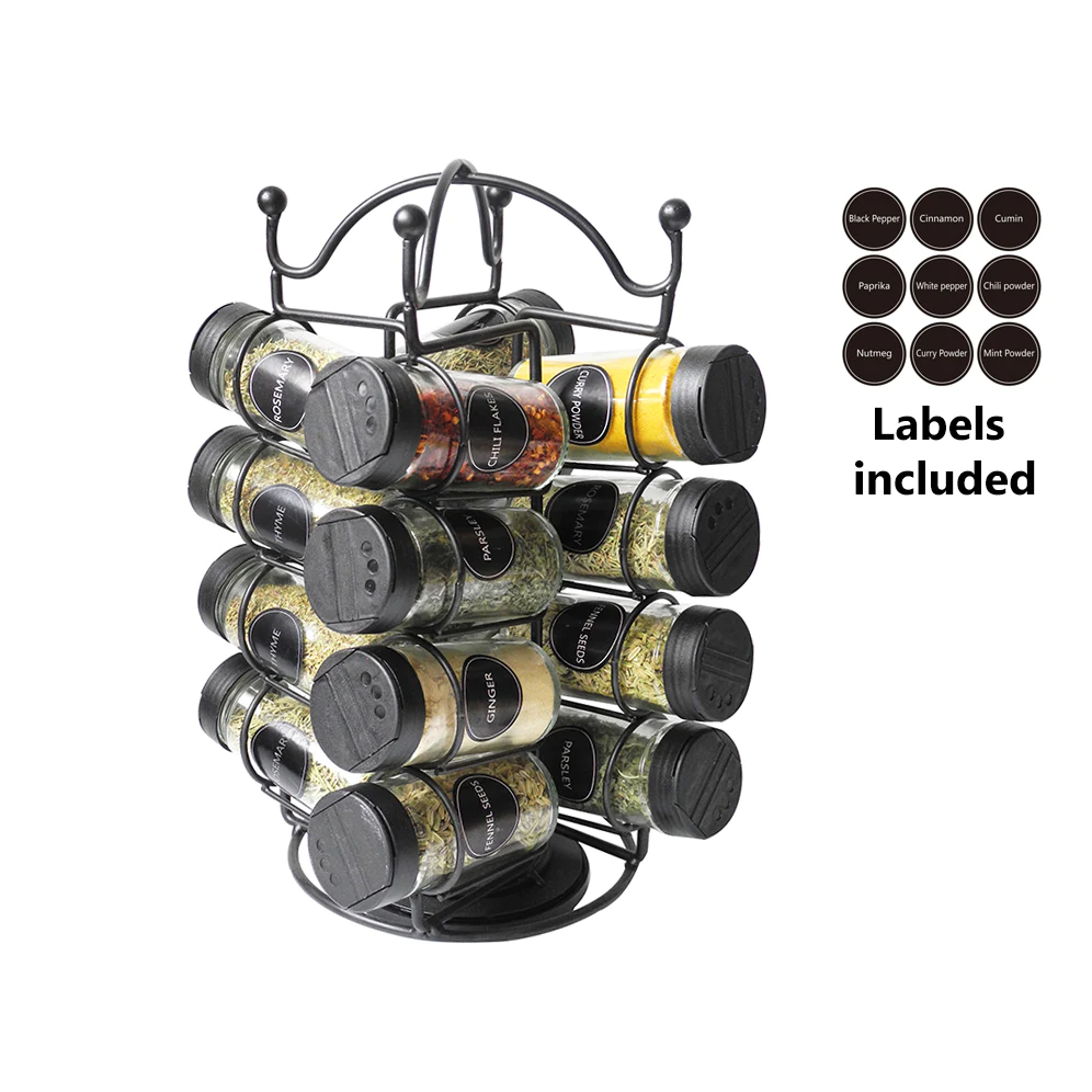 Glass Spice Set 16 pieces with Rotating Metal Stand