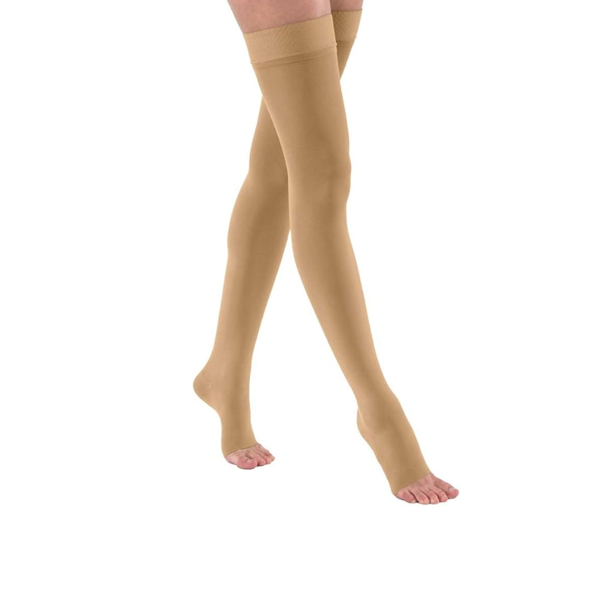 Opaque Open Toe Thigh High, 20-30 mmHG Compression Stockings, Honey