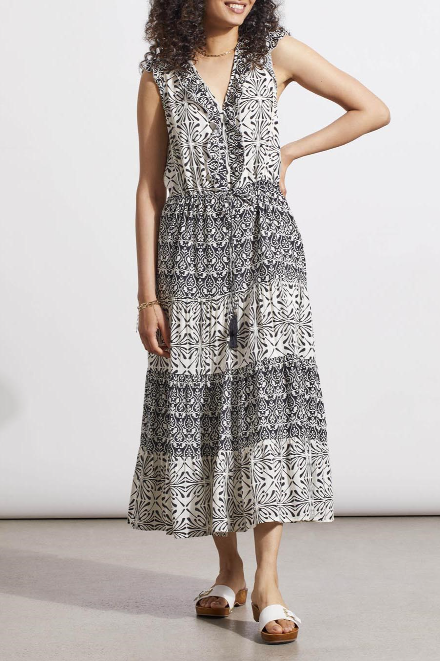 PRINTED V-NECK DRESS WITH DRAWCORD WAIST