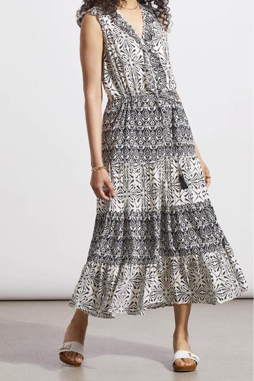 PRINTED V-NECK DRESS WITH DRAWCORD WAIST