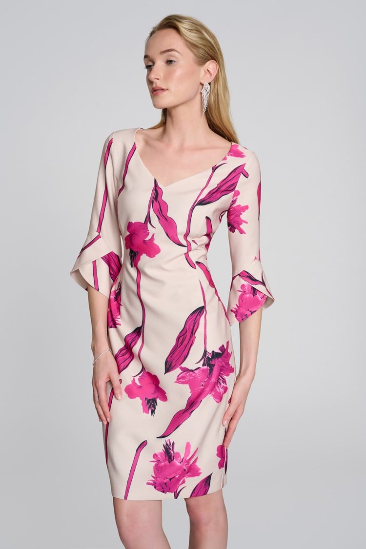 Woven Twill Floral Print Sheath Dress- Light Sand/Pink
