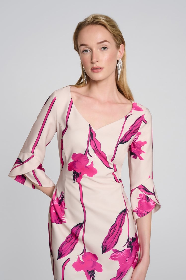 Woven Twill Floral Print Sheath Dress- Light Sand/Pink