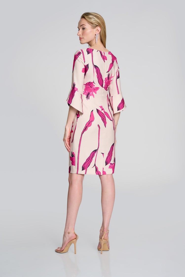 Woven Twill Floral Print Sheath Dress- Light Sand/Pink