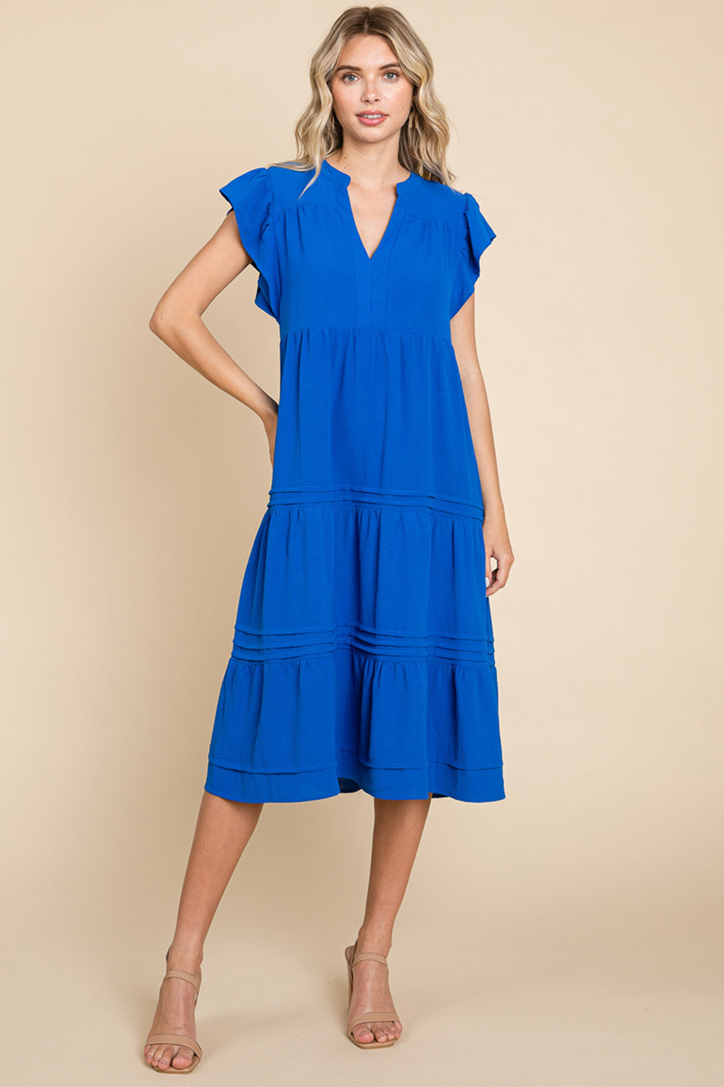 V Neck Tiered Flutter Sleeve Pleated Midi Dress