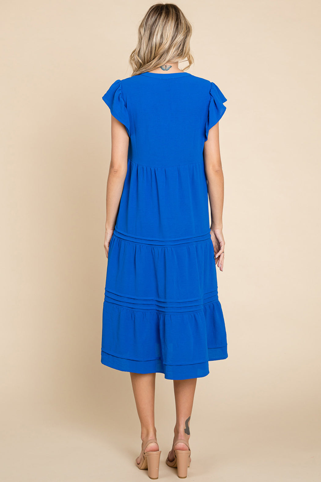 V Neck Tiered Flutter Sleeve Pleated Midi Dress