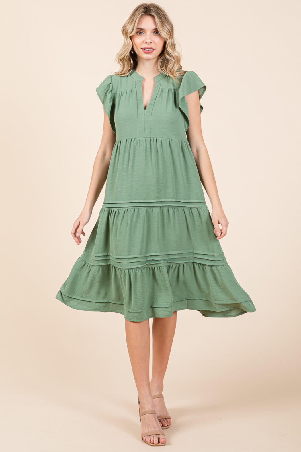 V Neck Tiered Flutter Sleeve Pleated Midi Dress