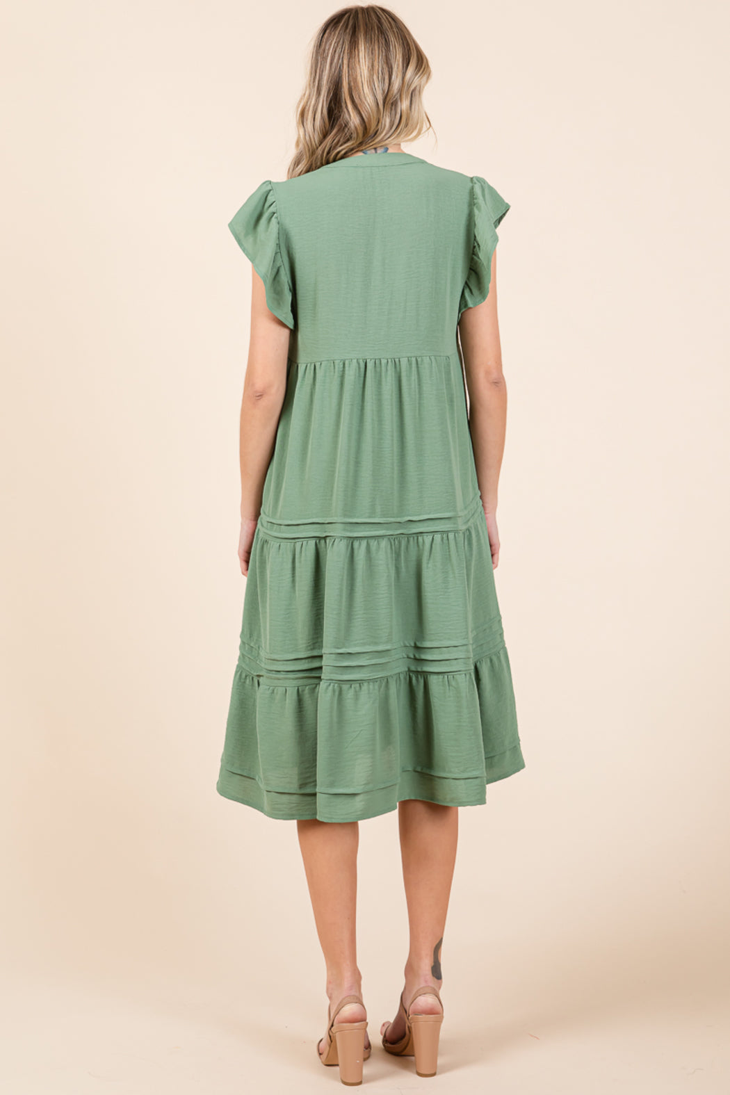 V Neck Tiered Flutter Sleeve Pleated Midi Dress