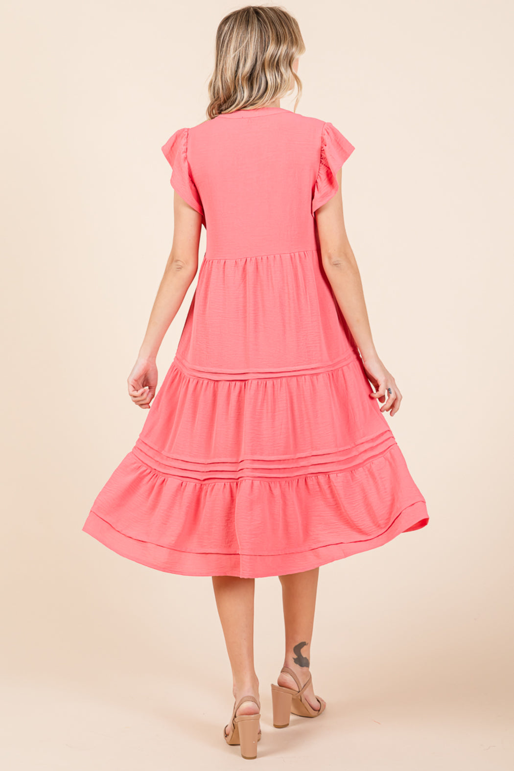 V Neck Tiered Flutter Sleeve Pleated Midi Dress