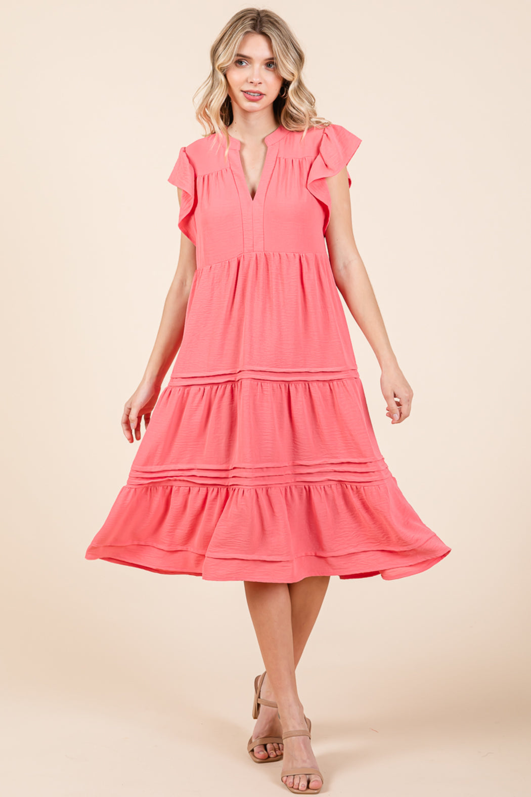 V Neck Tiered Flutter Sleeve Pleated Midi Dress