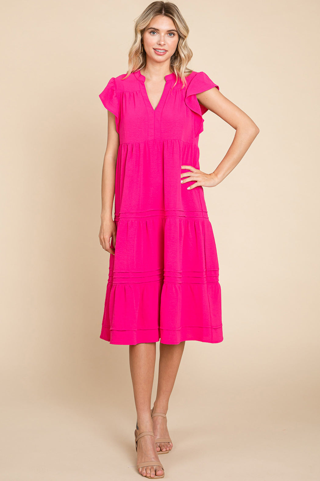 V Neck Tiered Flutter Sleeve Pleated Midi Dress