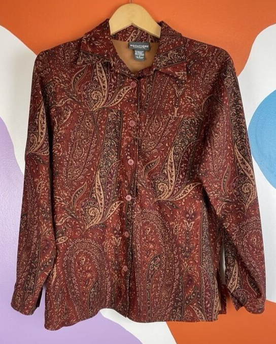 Notations Button Up Shirt Blouse Small Red Beige Paisley Artsy Fall