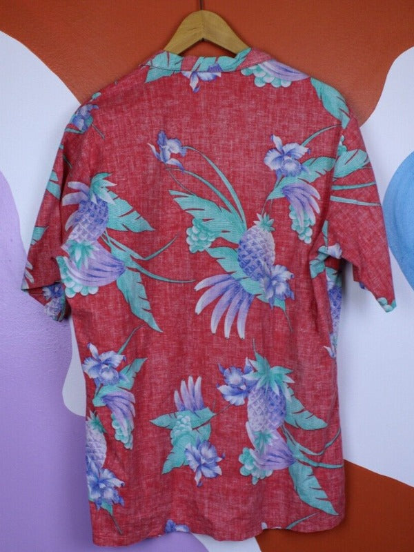 PLATINUM Hawaiian Shirt Mens Medium Red Pineapple Aloha Vintage 90s Palm