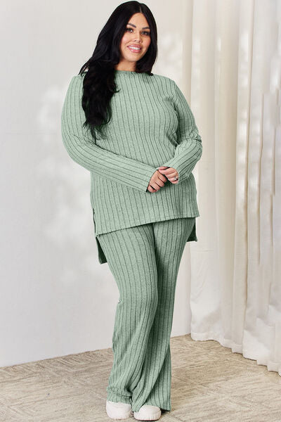 Styletrendy Fine Ribbed High-Low Top and Wide Leg Pants Set