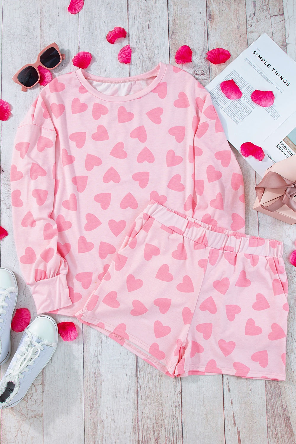 Styletrendy Heart Print Round Neck Top and Shorts Lounge Set