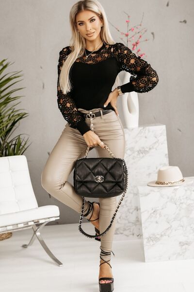 Styletrendy Hollowed Floral Lace Spliced Long Sleeve Blouse