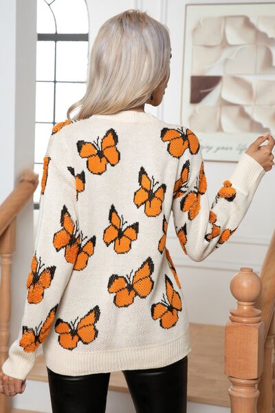 Styletrendy Butterfly Round Neck Long Sleeve Sweater