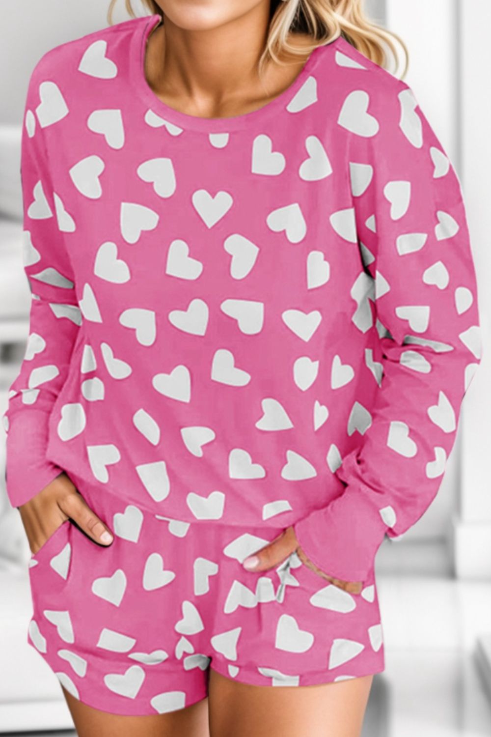 Styletrendy Heart Print Round Neck Top and Shorts Lounge Set