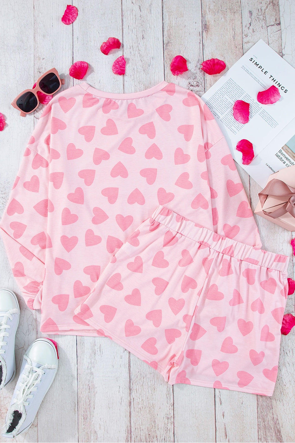 Styletrendy Heart Print Round Neck Top and Shorts Lounge Set