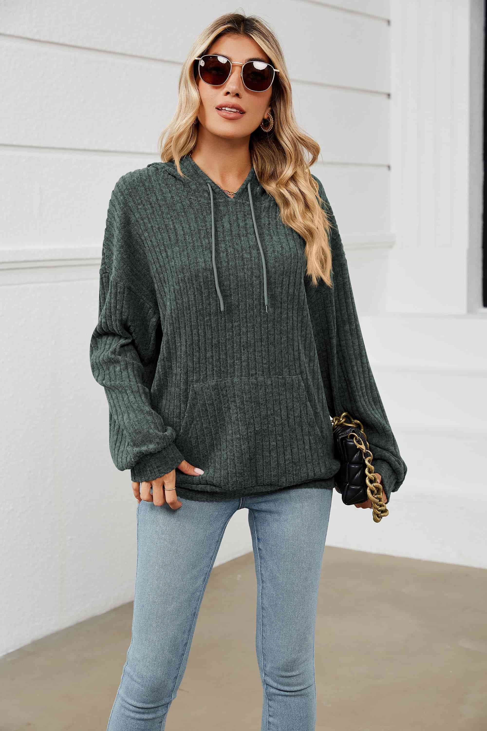 Styletrendy Drawstring Dropped Shoulder Ribbed Hoodie