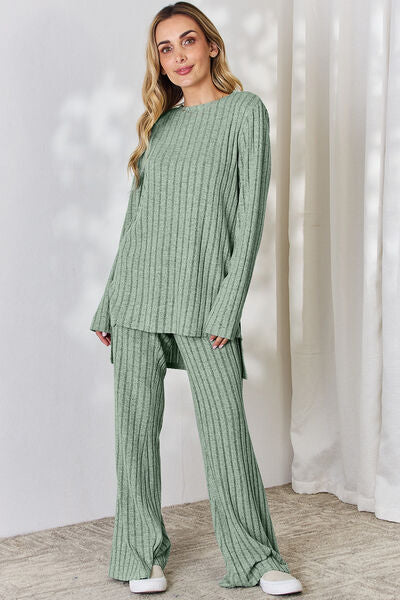 Styletrendy Fine Ribbed High-Low Top and Wide Leg Pants Set