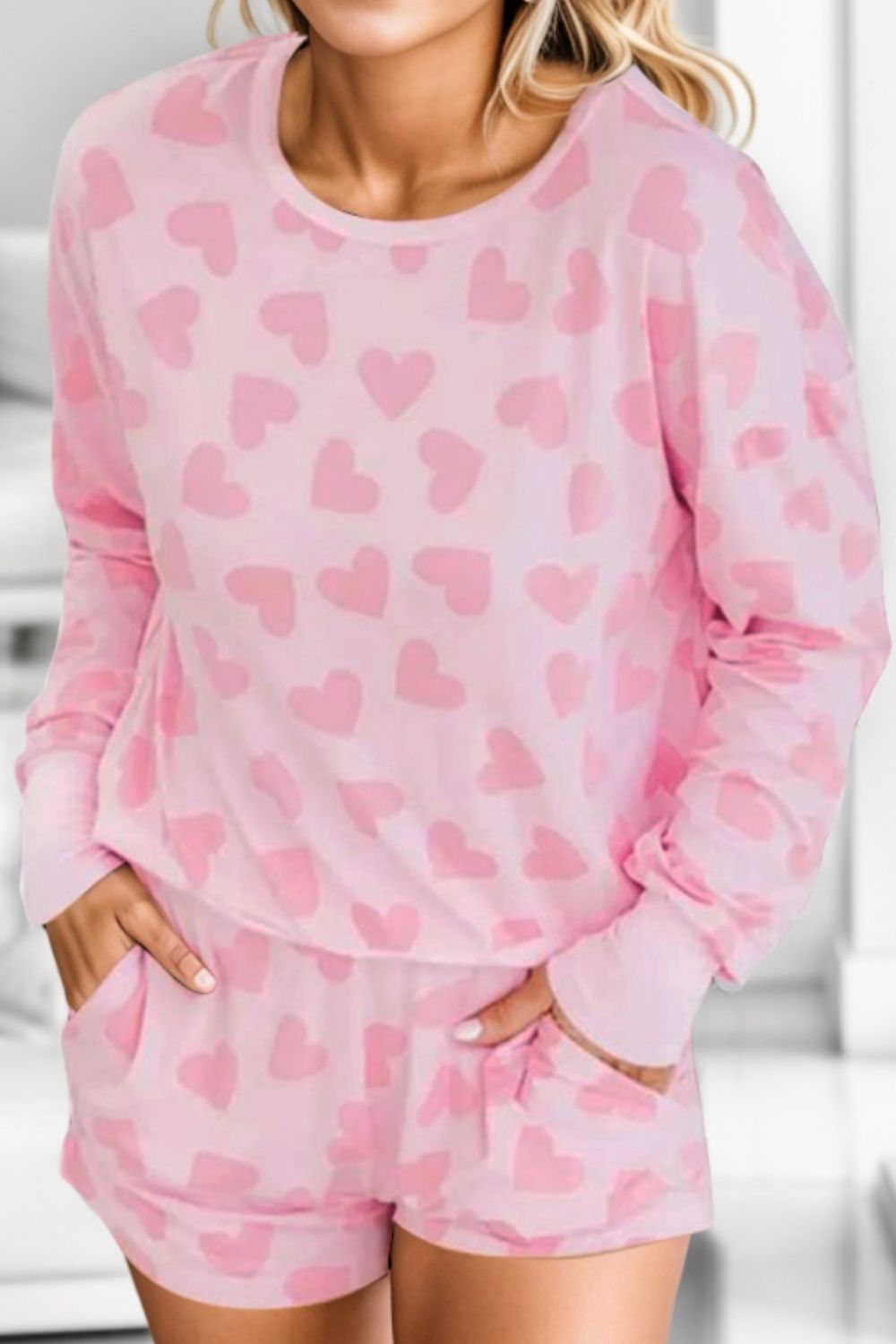 Styletrendy Heart Print Round Neck Top and Shorts Lounge Set