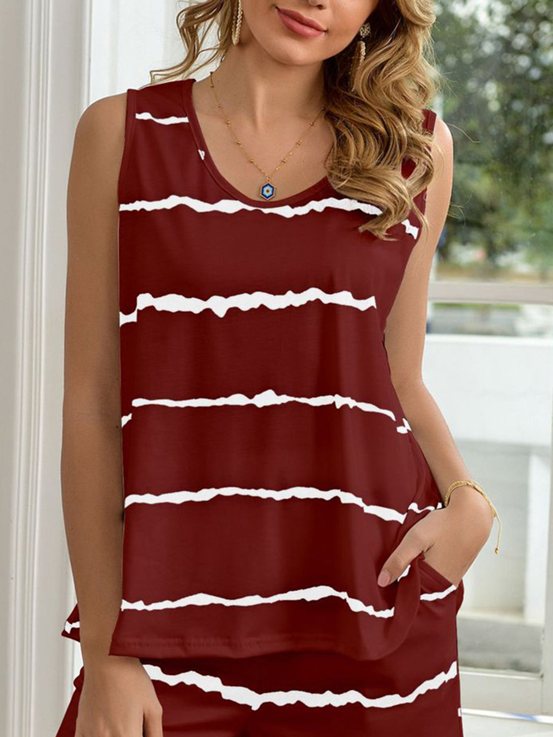 Styletrendy Striped Round Neck Tank and Shorts Lounge Set
