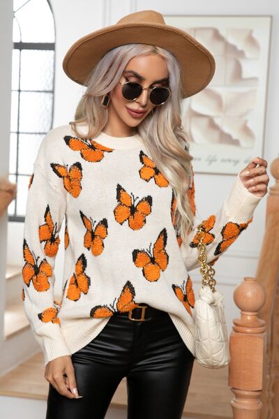 Styletrendy Butterfly Round Neck Long Sleeve Sweater