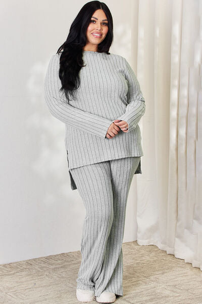 Styletrendy Fine Ribbed High-Low Top and Wide Leg Pants Set