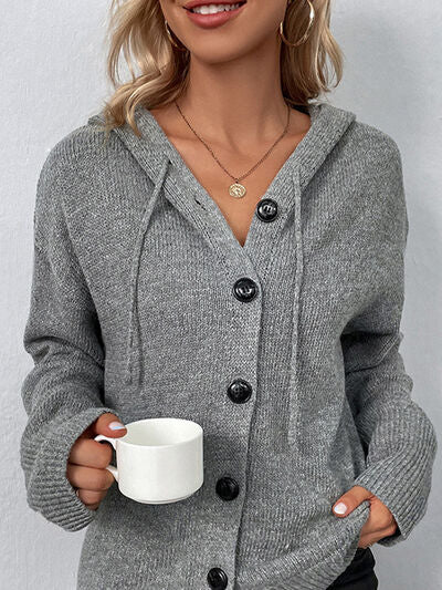 Styletrendy Drawstring Button Up Hooded Cardigan