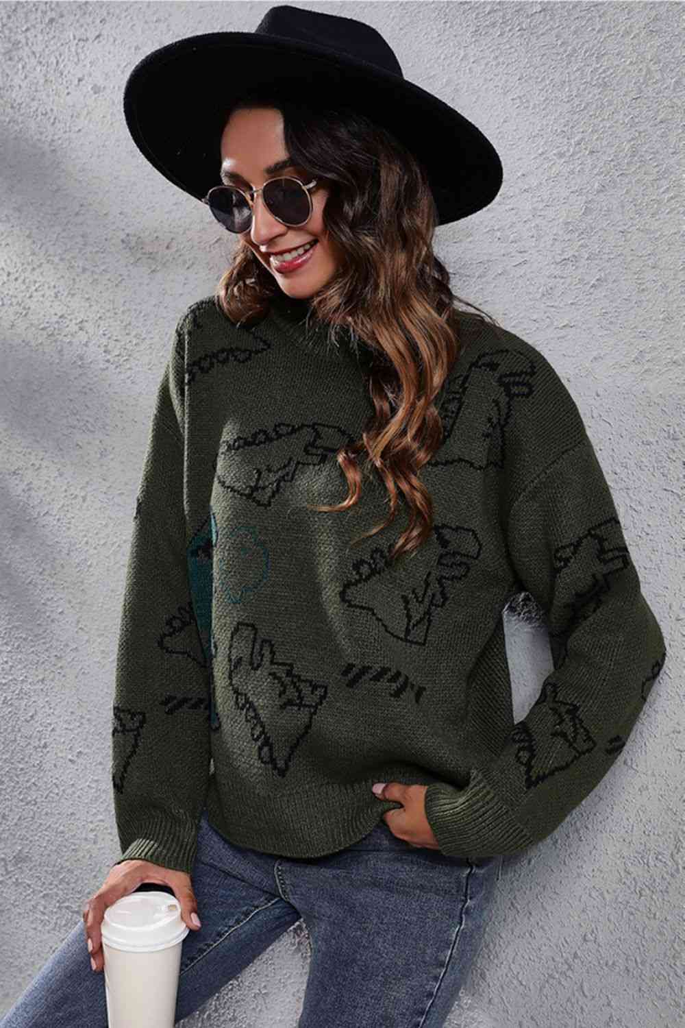 Styletrendy Dinosaur Pattern Round Neck Sweater