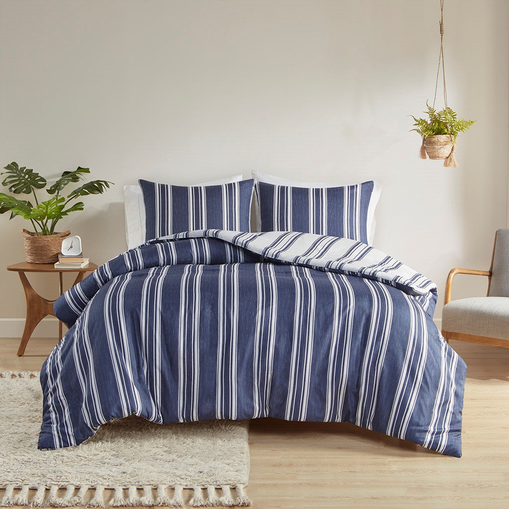 Cobi Striped Reversible Duvet Cover Set - Navy  - Full Size / Queen Size