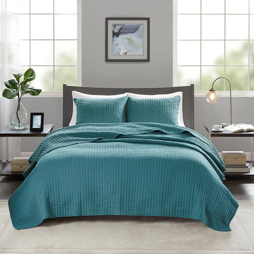 Keaton 3 Piece Quilt Set - Teal  - Full Size / Queen Size