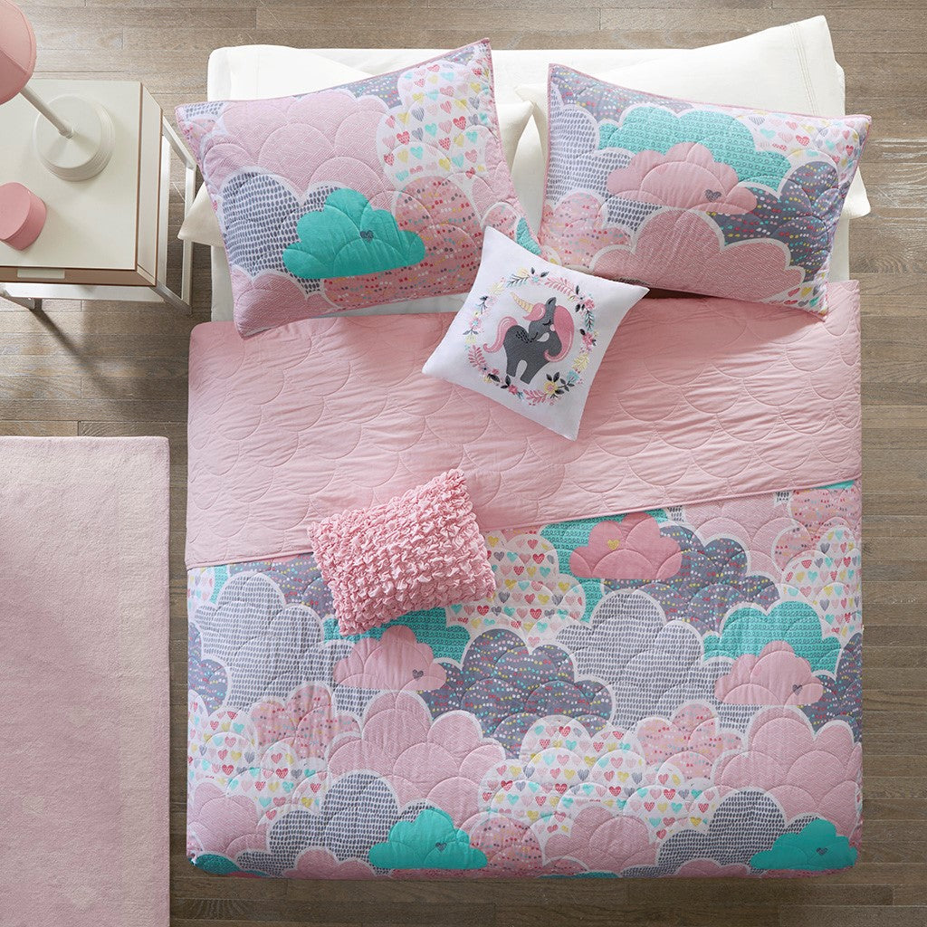 Cloud Reversible Cotton Quilt Set with Throw Pillows - Pink - Full Size / Queen Size