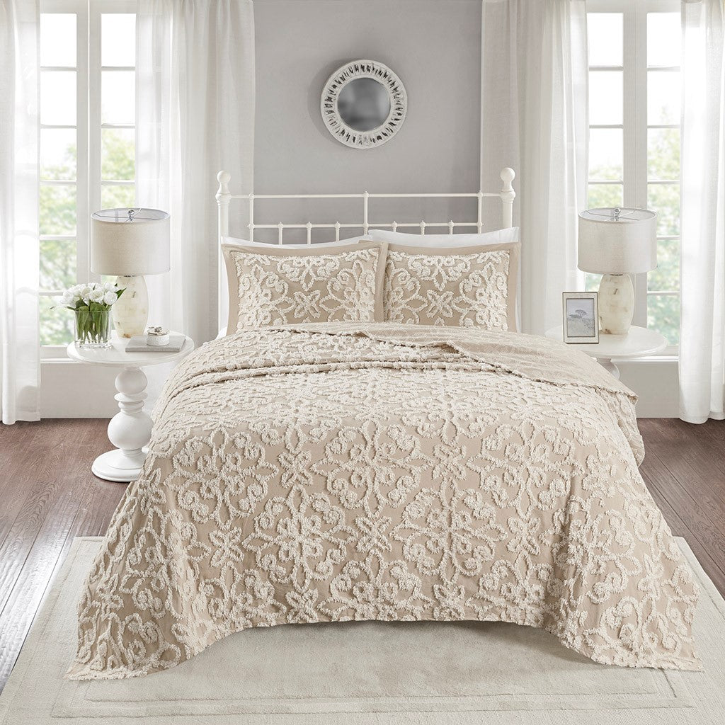 Sabrina 3 Piece Tufted Cotton Bedspread Set - Taupe  - King Size / Cal King Size