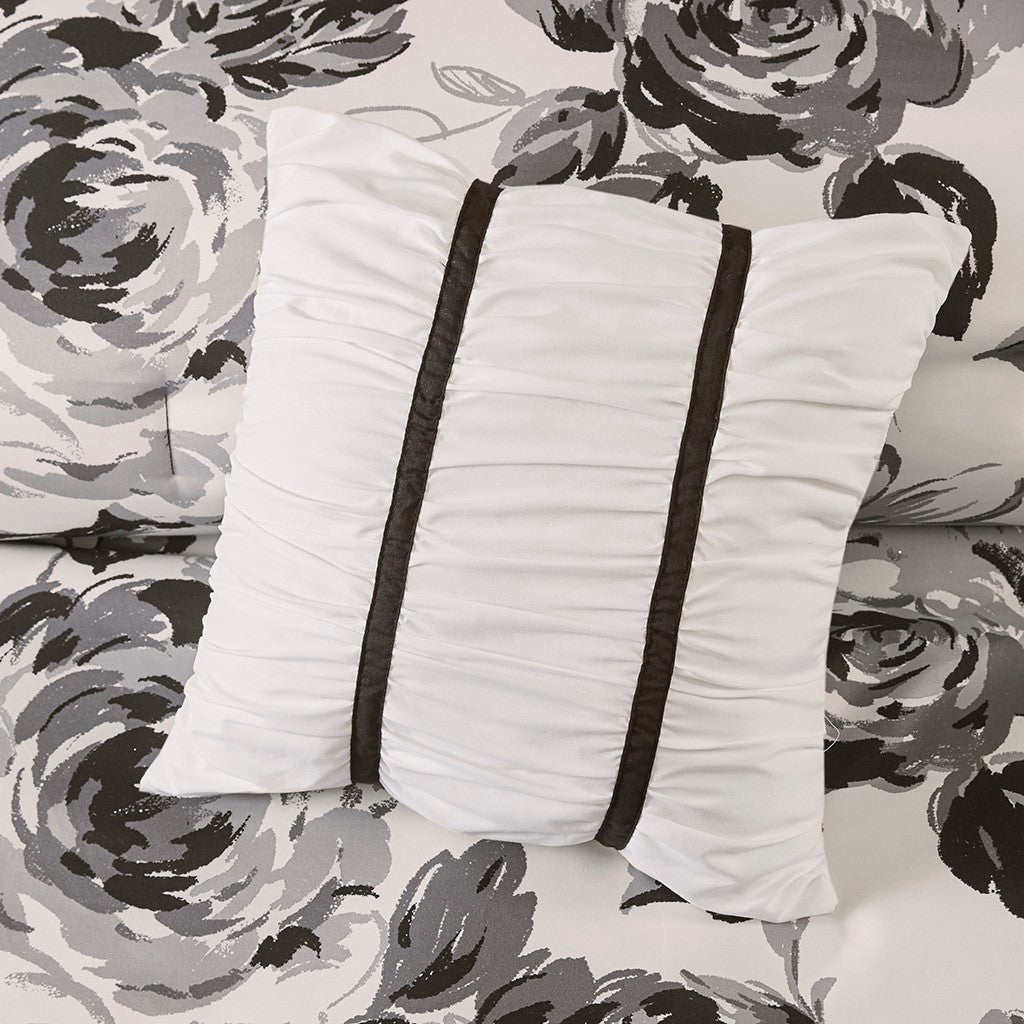 Dorsey Floral Print Comforter Set - Black / White - Full Size / Queen Size