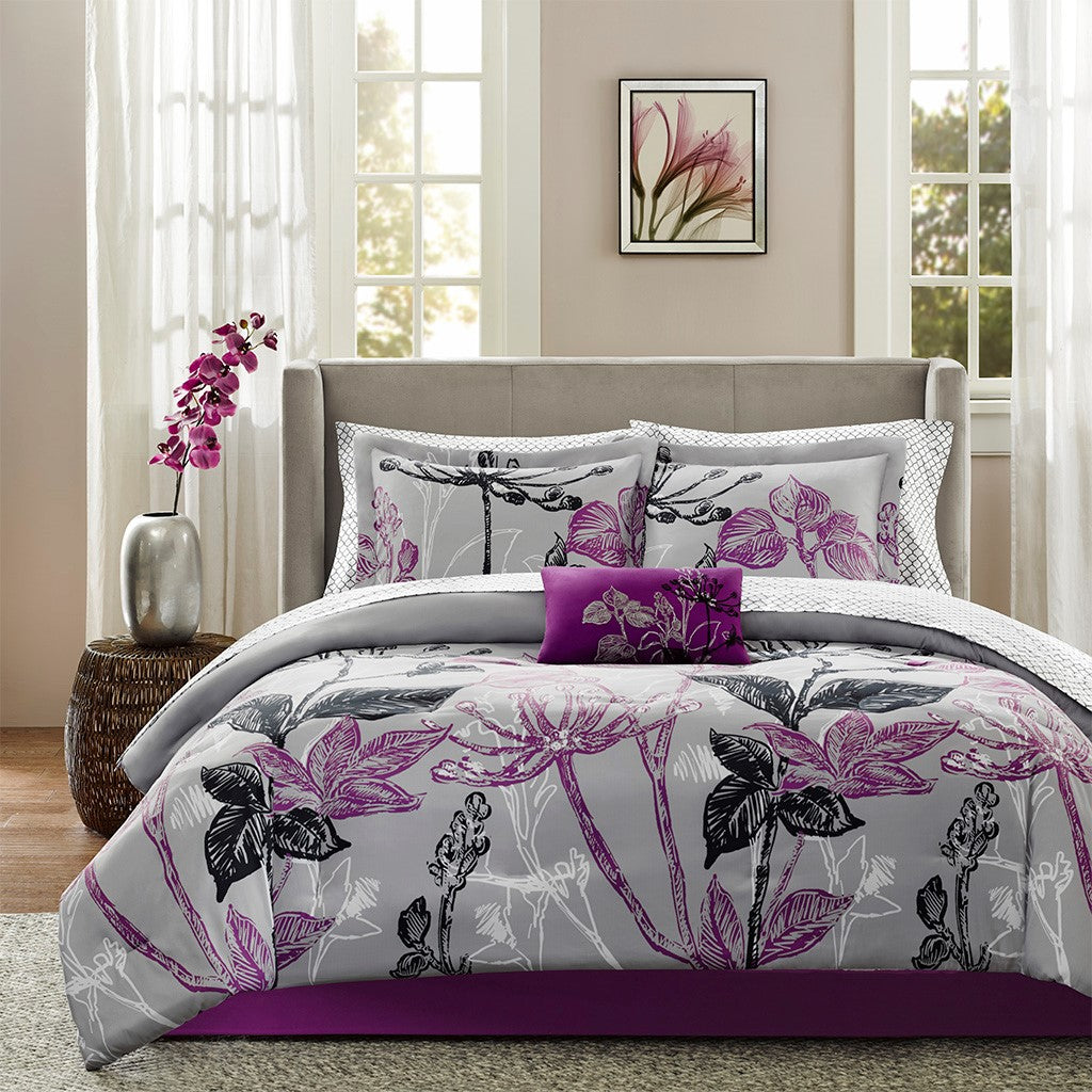 Claremont 9 Piece Comforter Set with Cotton Bed Sheets - Purple  - Full Size