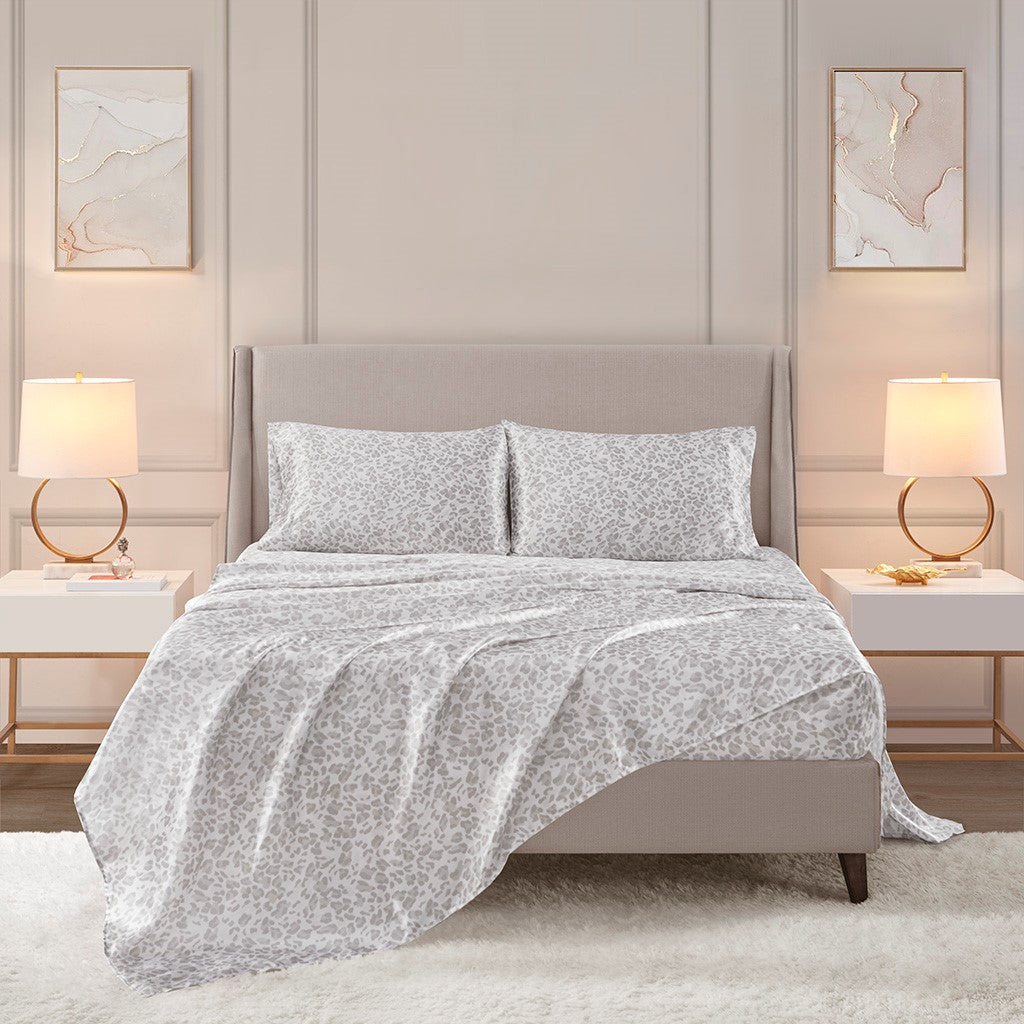 Printed Satin Sheet Set - Gray Leopard  - Full Size