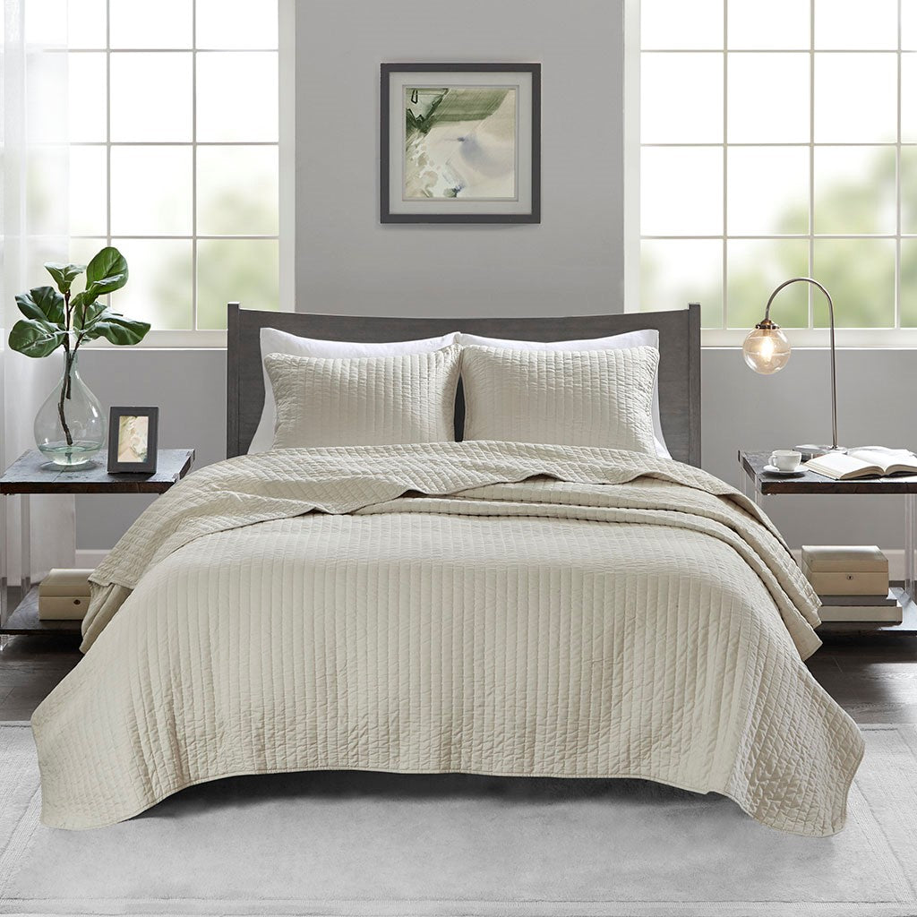 Keaton 3 Piece Quilt Set - Cream  - King Size / Cal King Size