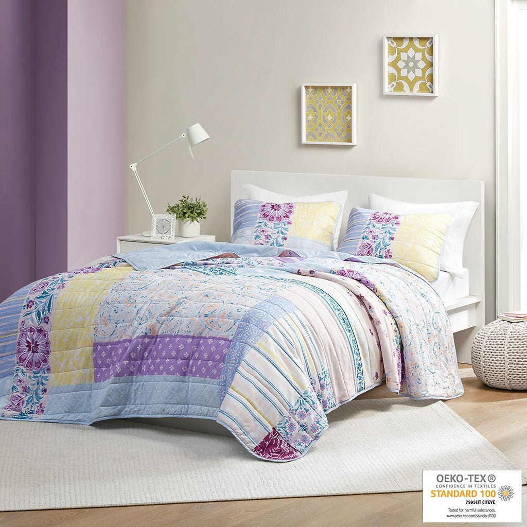 Emmaline Patchwork Printed Cotton Reversible Coverlet Set - Blue / Purple - Twin Size / Twin XL Size