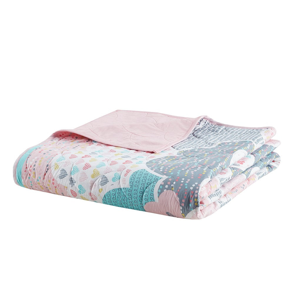 Cloud Reversible Cotton Quilt Set with Throw Pillows - Pink - Full Size / Queen Size