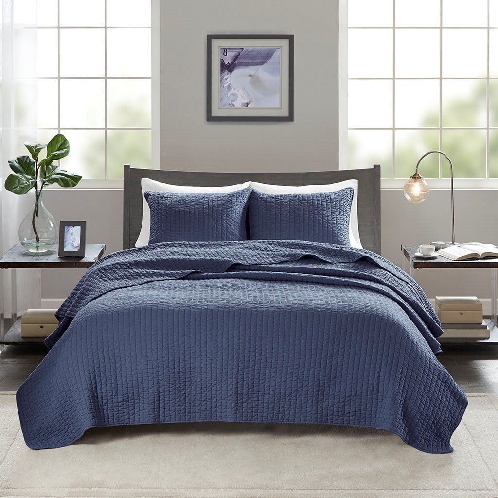 Keaton 3 Piece Quilt Set - Navy  - King Size / Cal King Size