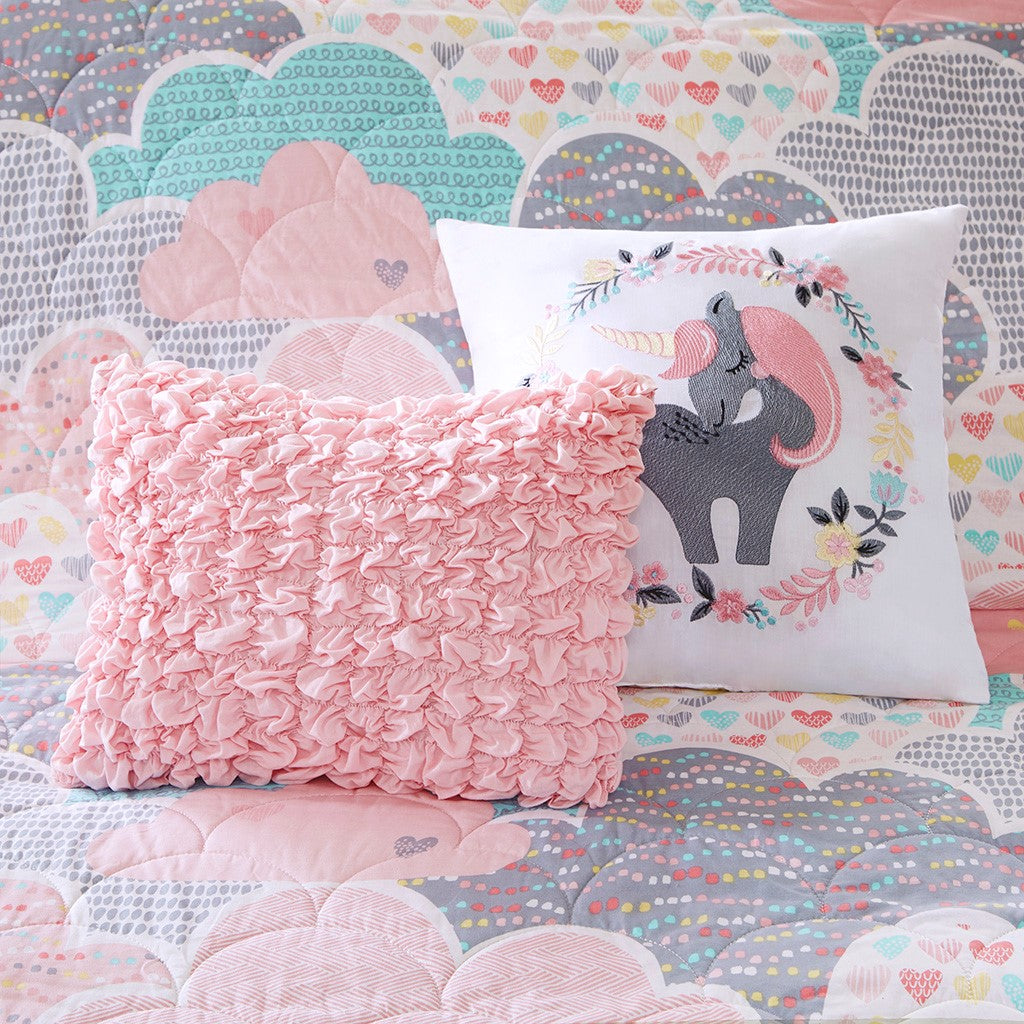 Cloud Reversible Cotton Quilt Set with Throw Pillows - Pink - Full Size / Queen Size