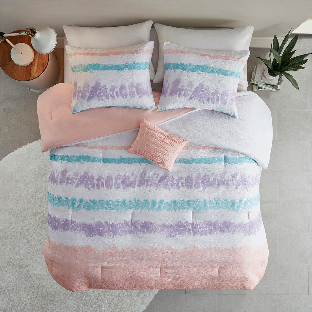 Loriann Tie Dye Printed Seersucker Comforter Set - Pink / Purple - Twin Size / Twin XL Size