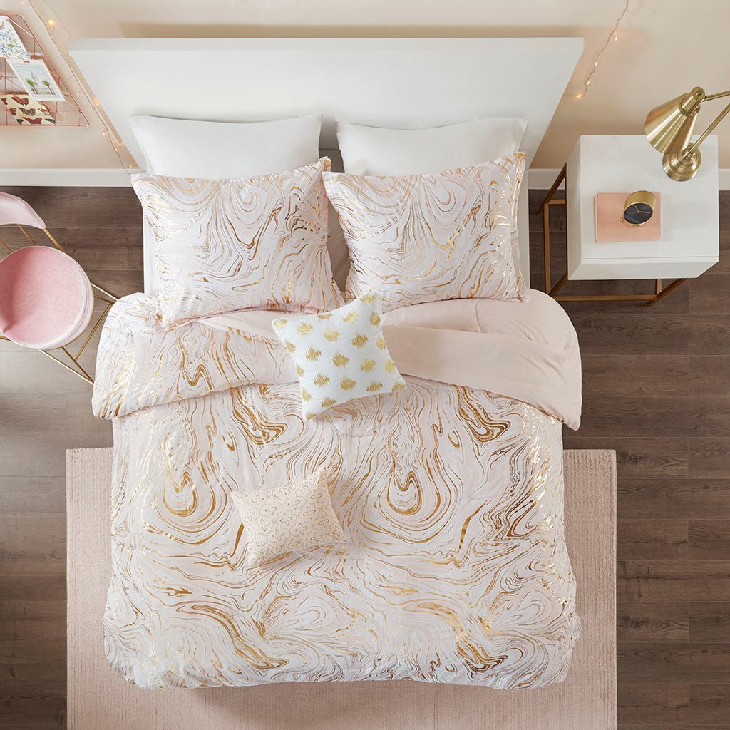 Rebecca Metallic Printed Duvet Cover Set - Blush / Gold - Full Size / Queen Size