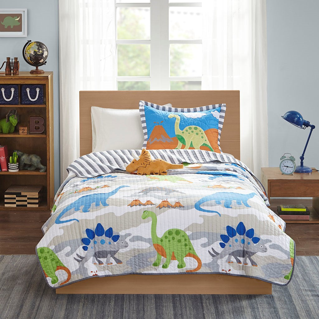 Little Foot Dinosaur Reversible Quilt Set with Throw Pillow - Multicolor - Twin Size