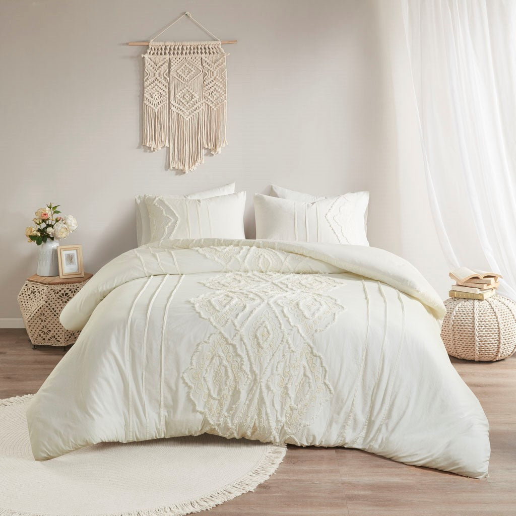 Margot 3 Piece Cotton Comforter Set - Off White  - Full Size / Queen Size